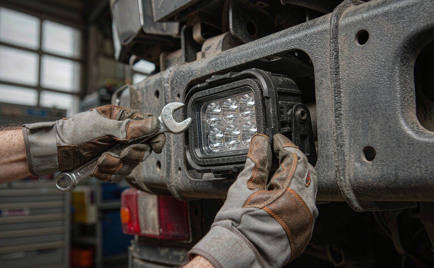 Technician installing a sealed LED work light on a heavy truck chassis